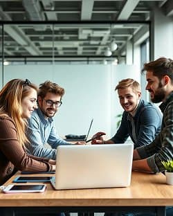 Gruppe von jungen Geschäftsleuten erstellen content an einem Laptop in einem modernen Büro.