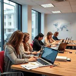 Mehrere Frauen arbeiten an Laptops in einem modernen Büro, das für Schulungen im Bereich Künstliche Intelligenz genutzt wird.
